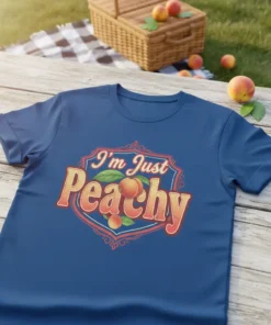 I'm Just Peachy text with a retro peach graphic on a blue t-shirt