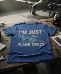 I'm Just Plane Crazy t-shirt with wireframe airplane graphic and distressed text