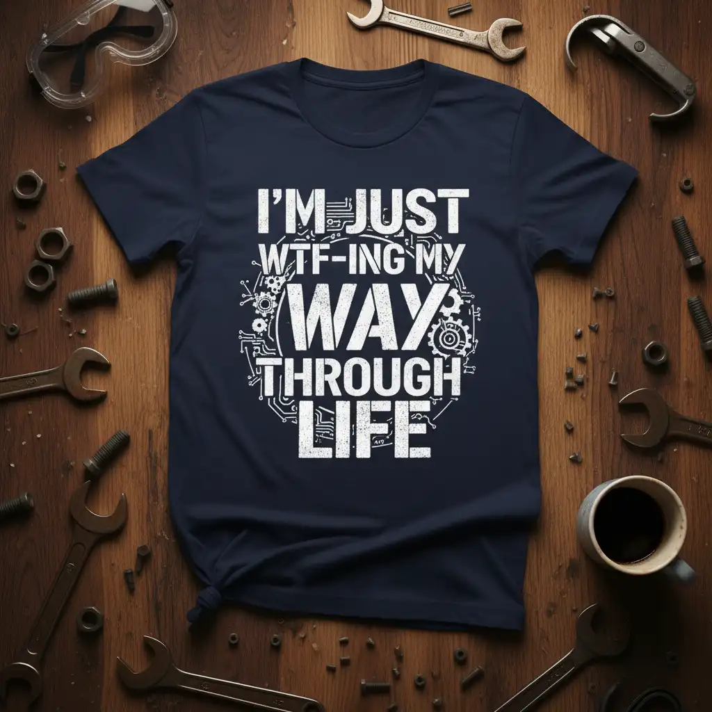 I'm Just WTF-ing My Way Through Life text design with intricate gear and circuit graphics, perfect for mechanics