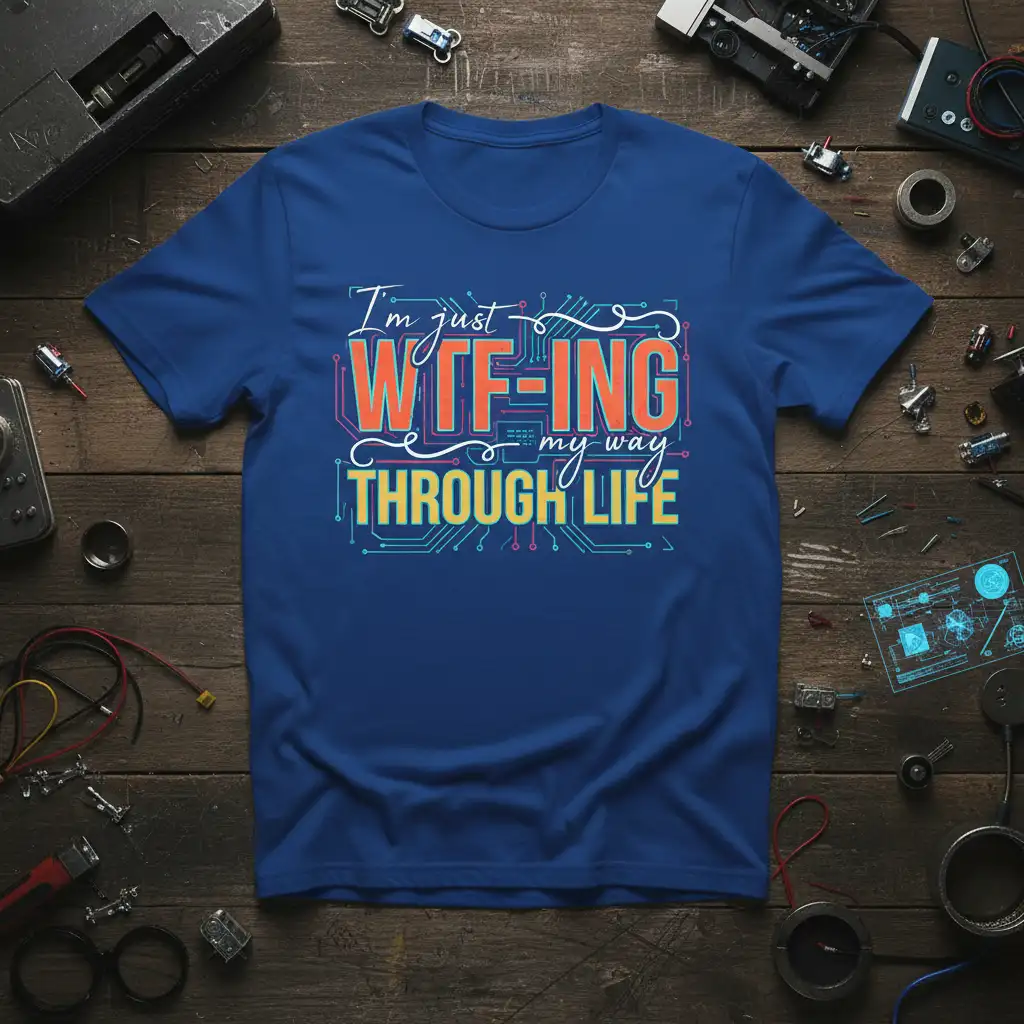 I'm just WTF-ING my way THROUGH LIFE quote t-shirt with circuit board design and colorful typography