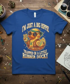 I'm Just A Big Hippie Trapped In A Little Rubber Ducky t-shirt design with a peace-signing duck in sunglasses and