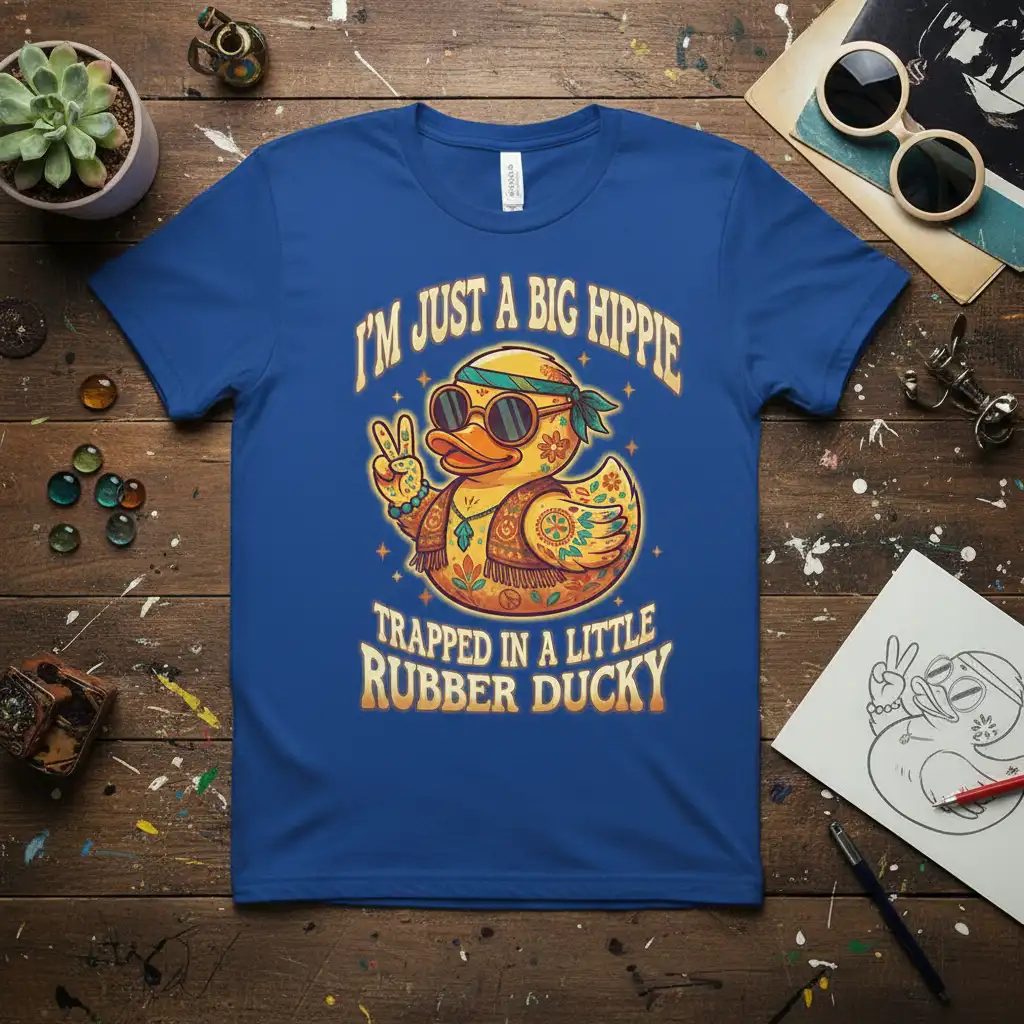 I'm Just A Big Hippie Trapped In A Little Rubber Ducky quote t-shirt design with a retro peace sign duck graphic