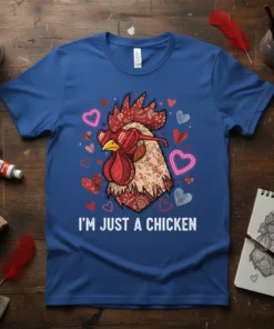 Blue t-shirt with "I'm Just A Chicken" text, featuring a rooster wearing heart sunglasses and surrounded by hearts