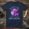 T-shirt design with text "I'm Just A Girl Who Loves Boba & Axolotls" and a cute pink axolotl holding a