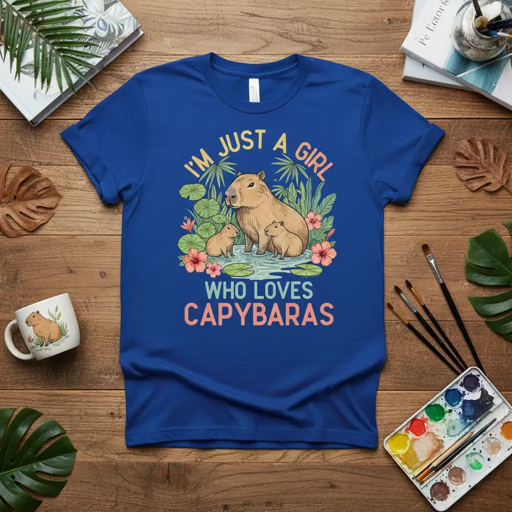 I'm Just A Girl Who Loves Capybaras quote on a blue t-shirt with a capybara family illustration
