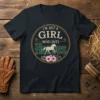 T-shirt with text "I'm Just A Girl Who Loves Horses" and a horse graphic, surrounded by flowers