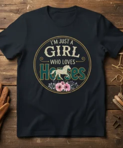 T-shirt with text "I'm Just A Girl Who Loves Horses" and a horse graphic, surrounded by flowers