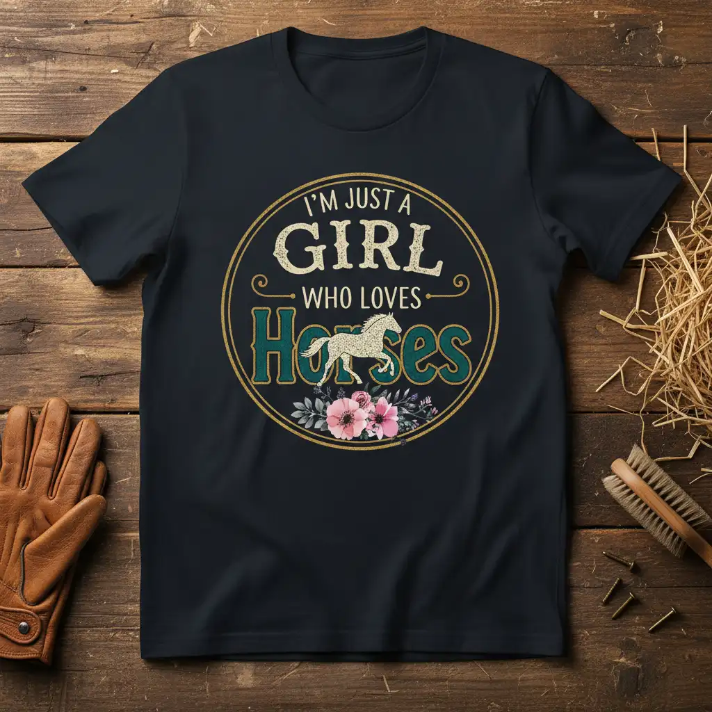 I'm Just A Girl Who Loves Horses quote t-shirt with a running horse graphic and floral accents