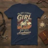 I'm Just A Horse Girl Who Loves Arabians text with a running Arabian horse graphic on a navy blue t-shirt