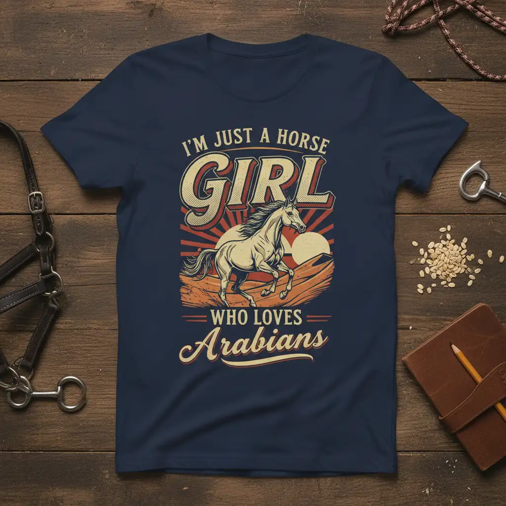 I'm Just A Horse Girl Who Loves Arabians quote with a running Arabian horse illustration on a navy t-shirt