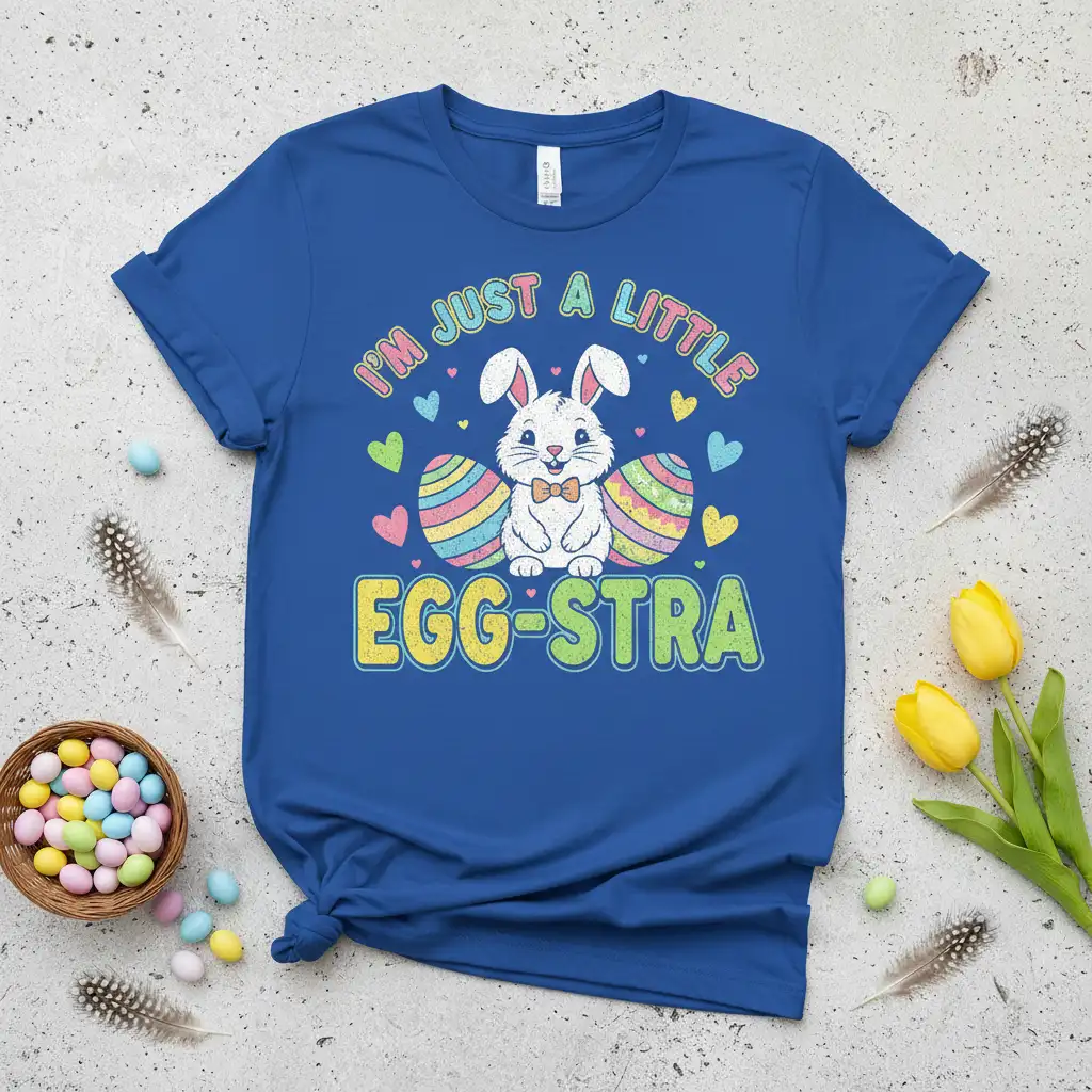 I'm Just A Little Egg-stra phrase with a cute Easter bunny and striped eggs design on a blue t-shirt
