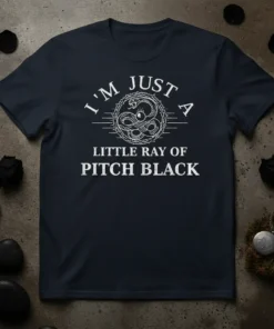 I'm Just A Little Ray Of Pitch Black quote with a circular snake graphic on a navy t-shirt