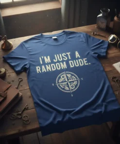 Blue t-shirt with white text "I'm Just A Random Dude" and a compass graphic