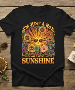 I'm Just A Ray Of Fucking Sunshine retro sun and floral graphic t-shirt design in vibrant colors