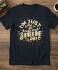 I'm Just a Ray of Sarcastic Sunshine text design with skulls, flowers, and cacti on a navy t-shirt