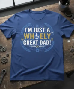 I'm Just A Wheely Great Dad! text with wheelchair symbol on a blue t-shirt design