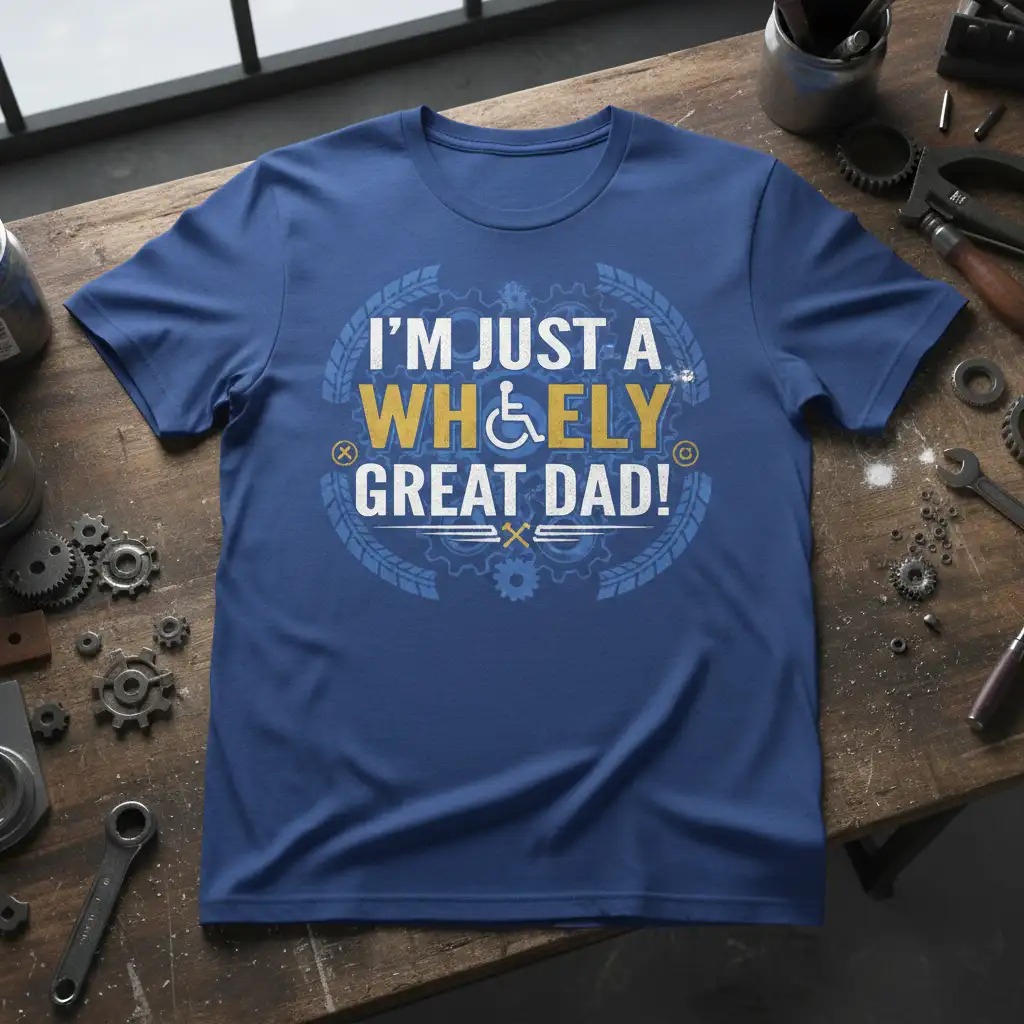 I'm Just A Wheely Great Dad! quote with integrated wheelchair graphic on a blue tee