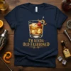 I'm Kinda Old Fashioned quote on a navy t-shirt with a graphic of an old fashioned cocktail glass