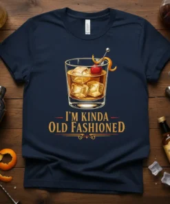 I'm Kinda Old Fashioned quote on a navy t-shirt with a graphic of an old fashioned cocktail glass