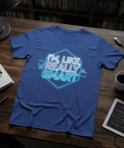 I'm, Like, Really Smart quote t-shirt with neon blue hexagonal outline and circuit board accents