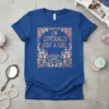 I'm Literally Just a Girl quote on a royal blue t-shirt with ornate rose gold floral border