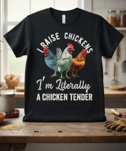 Black t-shirt with white text "I RAISE CHICKENS I'm Literally A CHICKEN TENDER" and graphics of three chickens