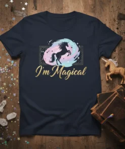 I'm Magical text with a silhouette of a unicorn rearing up in a pastel cosmic swirl