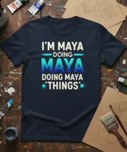 Navy t-shirt with white and blue gradient text "I'M MAYA DOING MAYA DOING MAYA *THINGS*" for personalized name gifts