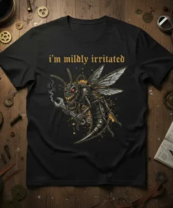 I'm Mildly Irritated text above a mechanical wasp holding a wrench, steampunk design t-shirt graphic