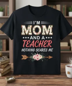 I'm Mom and a Teacher Nothing Scares Me quote on a black t-shirt with floral accents and an arrow graphic