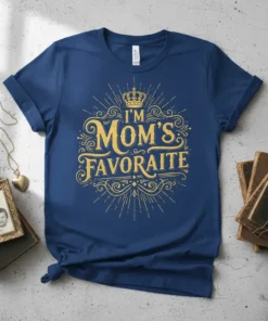 Blue t-shirt with gold distressed text that reads "I'M MOM'S FAVORAIITE" and a crown graphic