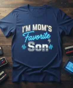 I'm Mom's Favorite Son t-shirt with neon-style text and heartbeat graphic