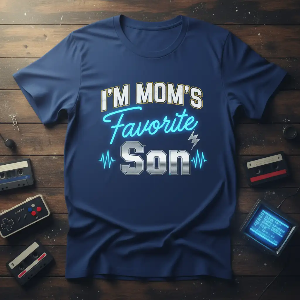 I'm Mom's Favorite Son quote tee with neon text and pulse graphic