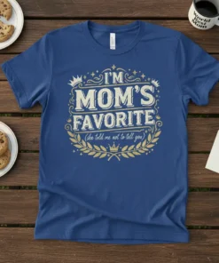 I'm Mom's Favorite (she told me not to tell you) quote on a royal blue t-shirt, featuring gold distressed typography