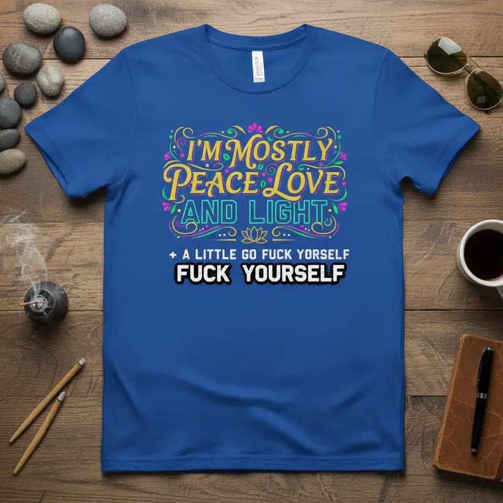 I'm Mostly Peace Love and Light + A Little Go Fuck Yourself Fuck Yourself quote on a blue t-shirt with decorative elements