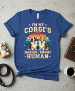 I'm My Corgi's Emotional Support Human T-Shirt with two smiling corgis and a retro sunset graphic