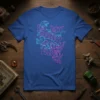 I'm My Dino Mom Era text with cartoon dinosaurs in pink and blue neon effect on a royal blue t-shirt