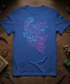I'm My Dino Mom Era text with cartoon dinosaurs in pink and blue neon effect on a royal blue t-shirt