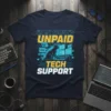 I'm My Family's Unpaid Tech Support cat graphic t-shirt with multiple computer screens and circuit board accents