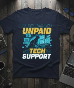 I'm My Family's Unpaid Tech Support cat graphic t-shirt with multiple computer screens and circuit board accents