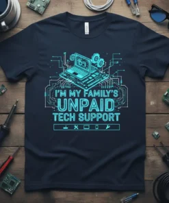 T-shirt with "I'm My Family's Unpaid Tech Support" quote and circuit board graphic in neon blue