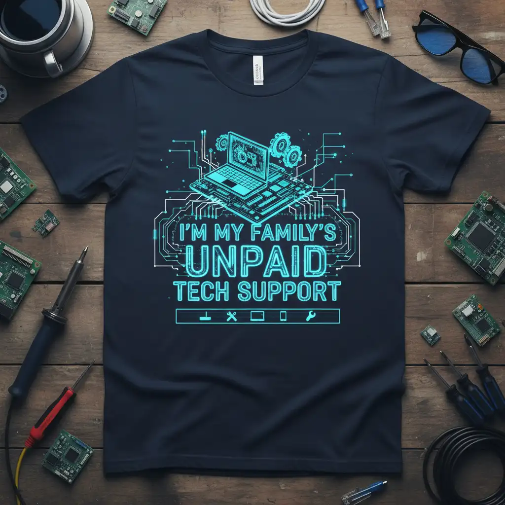 I'm My Family's Unpaid Tech Support quote with circuit board design on a navy t-shirt