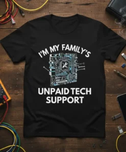 Black t-shirt with white text "I'm My Family's Unpaid Tech Support" and a detailed motherboard graphic