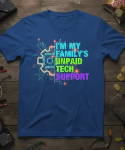 I'm My Family's Unpaid Tech Support t-shirt with circuit board graphic and colorful text