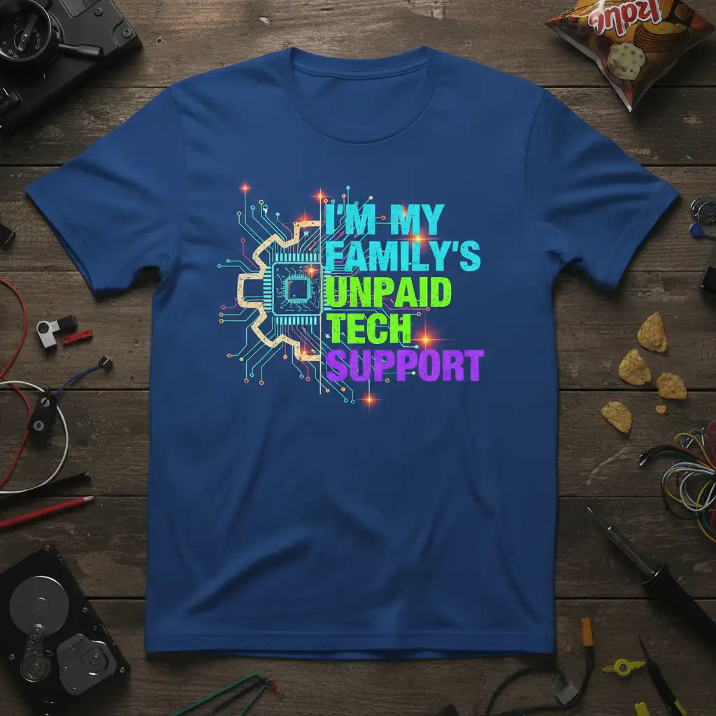 I'm My Family's Unpaid Tech Support quote with circuit board design on a royal blue t-shirt