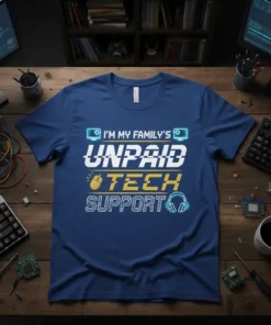I'm My Family's Unpaid Tech Support t-shirt with computer and mouse icons