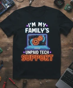 Black t-shirt with white and neon text: "I'M MY FAMILY'S UNPAID TECH SUPPORT" and a neon laptop graphic with gears