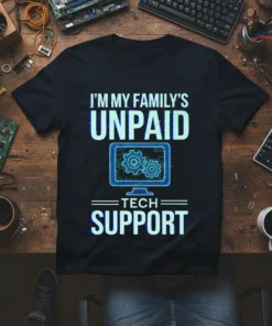 I'm My Family's Unpaid Tech Support T-Shirt with computer graphic and gears