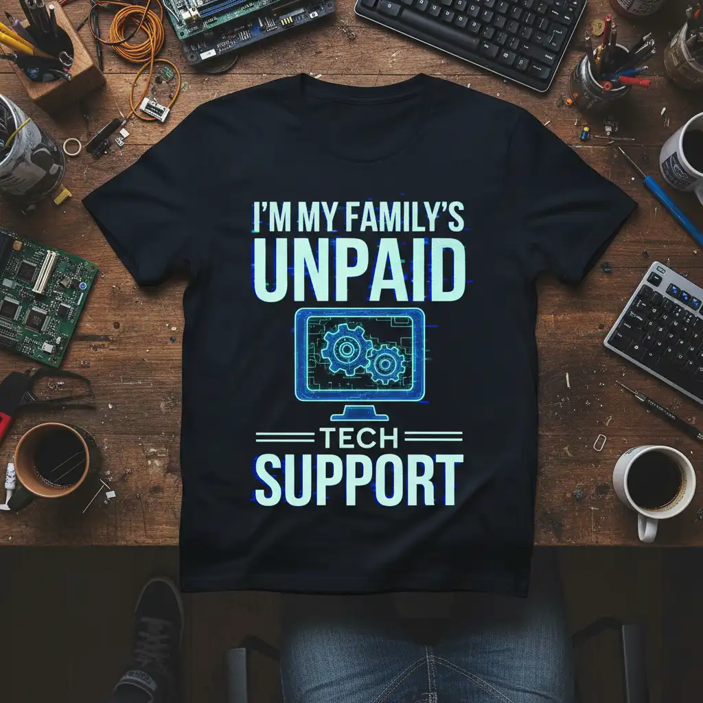 I'm My Family's Unpaid Tech Support quote with computer and gear graphic on black t-shirt