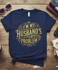 Navy blue t-shirt with gold glitter text "I'm My Husband's Problem" in a decorative circular design